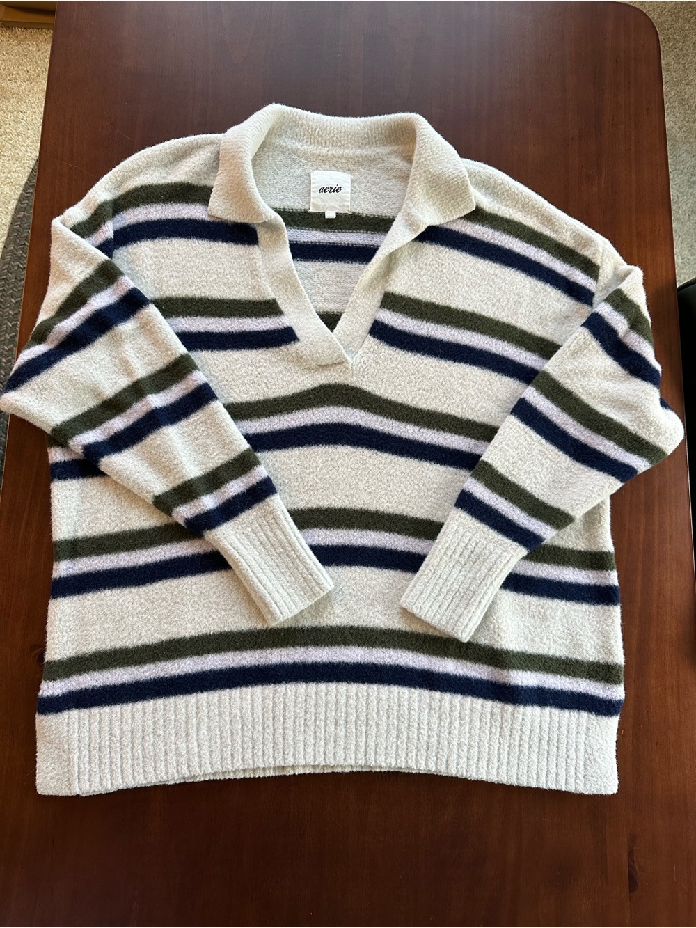 aerie Cream V-Neck Sweater with Navy and Olive Stripes